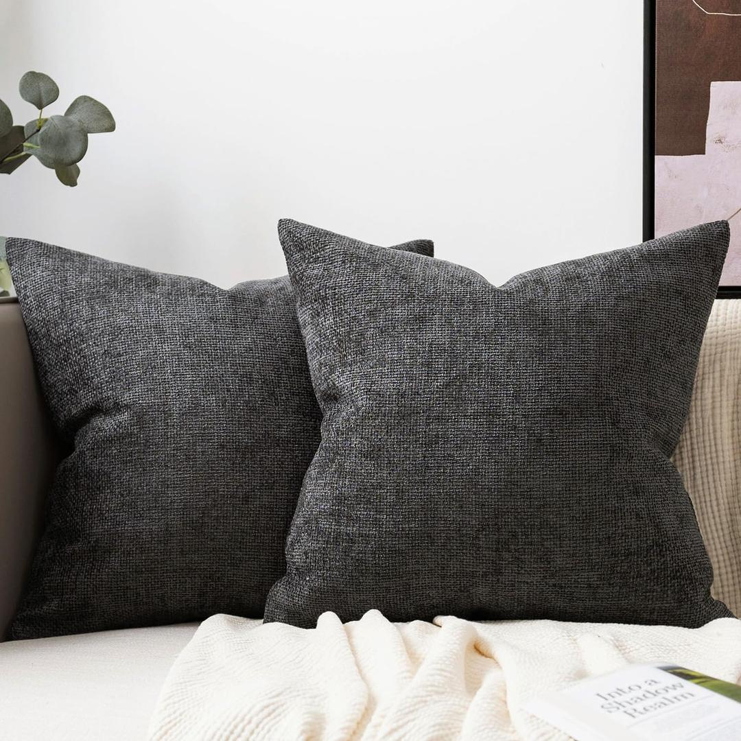 Set of 2 Chenille Linen Decorative Throw Pillow Covers 20x20 Inch Textured Farmhouse Pillow Covers for Bed Couch Sofa Living Room Rustic Cushion Cases, Dark Grey (20" x 20" (Pack of 2))