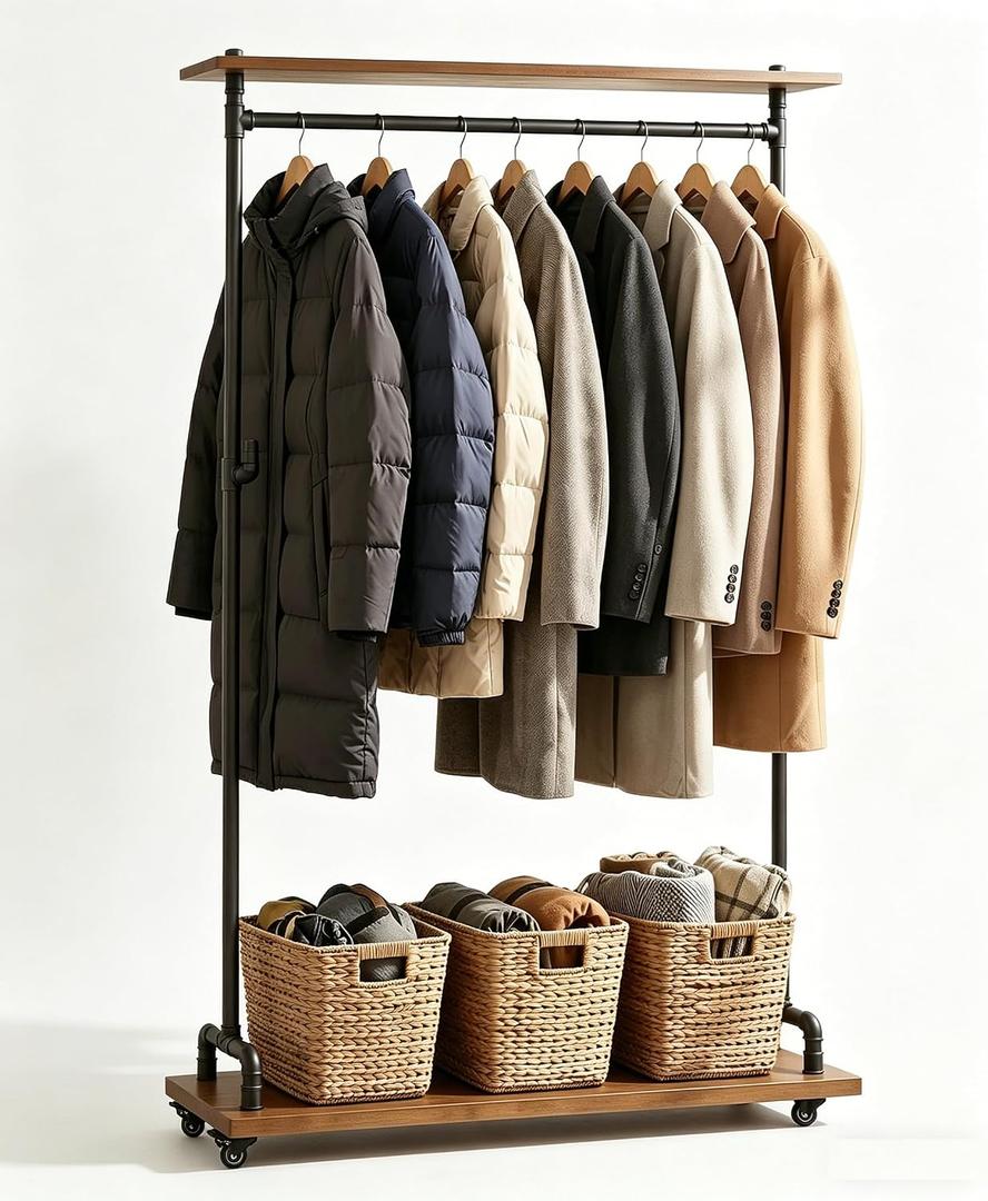 Industrial Pipe Clothing Rack on Wheels, Rolling Iron Garment Racks with Wood Shelves, Commercial Heavy Duty Clothing Racks, Steampunk Clothes Rack Retail (Two Tiers)