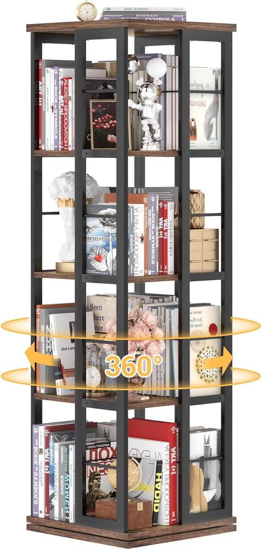 Aheaplus Rotating Bookshelf, 360 Display Wood Spinning Bookshelf, Floor Standing Bookcase Narrow Shelf Revolving Organizer Storage Rack for Small Space, Bedroom, Study Room (Rustic Brown)