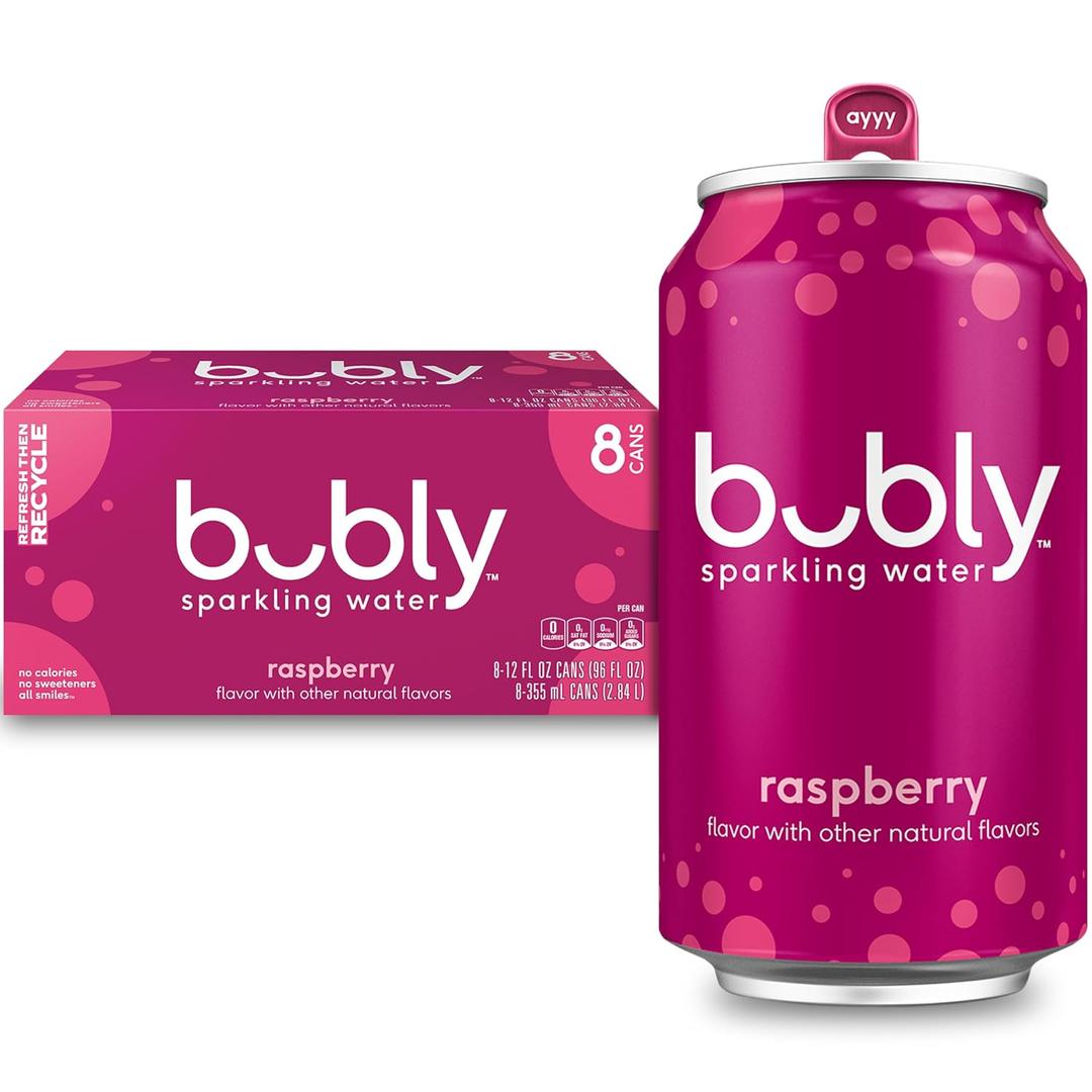 bubly Sparkling Water, Raspberry, Zero Sugar & Zero Calories, 12 Fl Oz Cans (Pack of 8) (EXP 08/10/26)