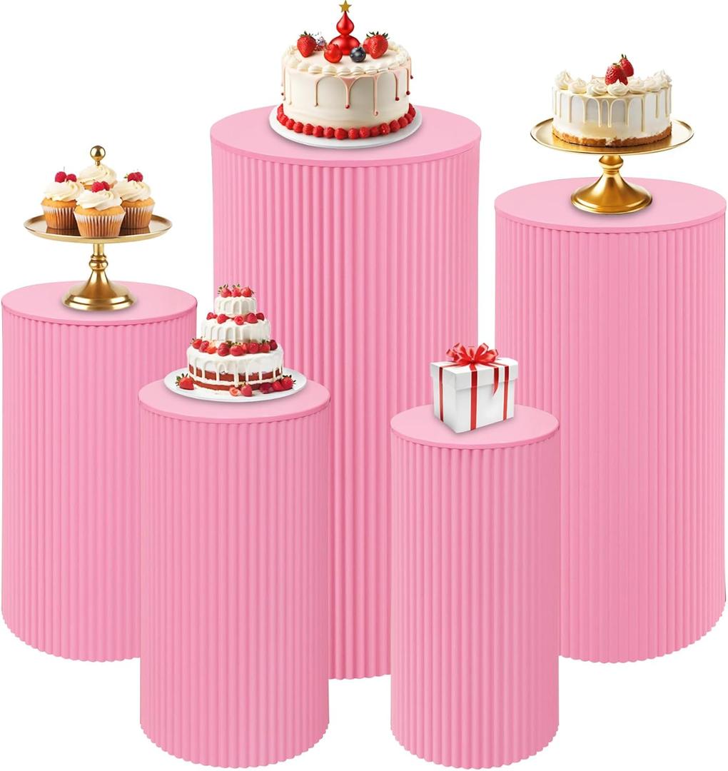 Fivenl 5 Pcs Metal Pleated Cylinder Pedestal Stands for Party, Heavy Duty Pink Round Cake Pedestal Stand Flower Plant Display Plinth Pillars for Wedding Birthday Event Decor (Pink)