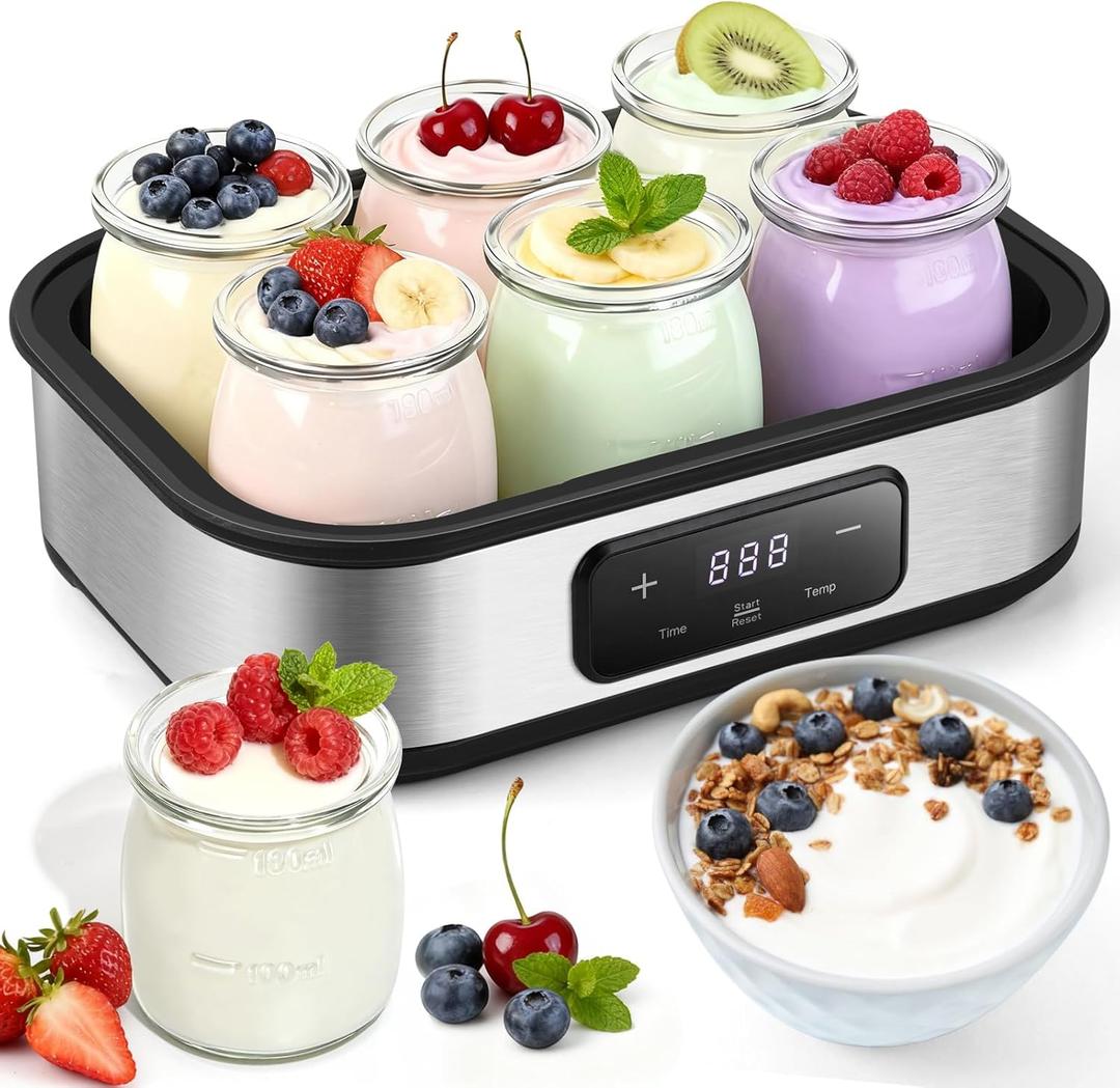 Yogurt Maker with Adjustable Temperature & 48H Timer - 6 Glass Jars for Homemade Probiotic Yogurt, for Family Wellness & Healthy Diet Lovers