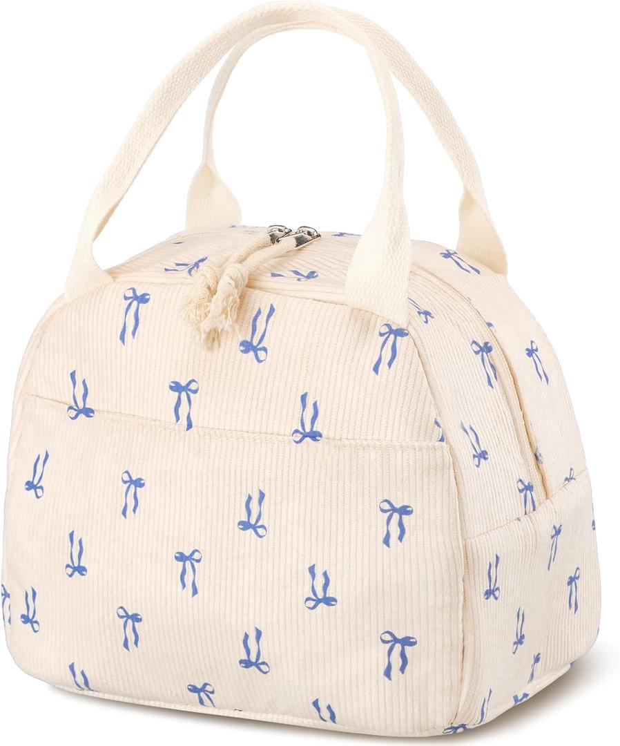 Blue Bow Lunch Bag Cute Corduroy Insulated Blue Bow Lunch Box for Women Coquette Tote Bag Reusable Large Capacity Cooler Containers Preppy Stuff Gifts for Picnics Travel Outdoor