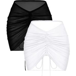AI'MAGE 2 Pieces Women Beach Sheer Cover Ups Mesh Bikini Wrap Ruched Skirt for Swimwear S-XXL (A-black and White)