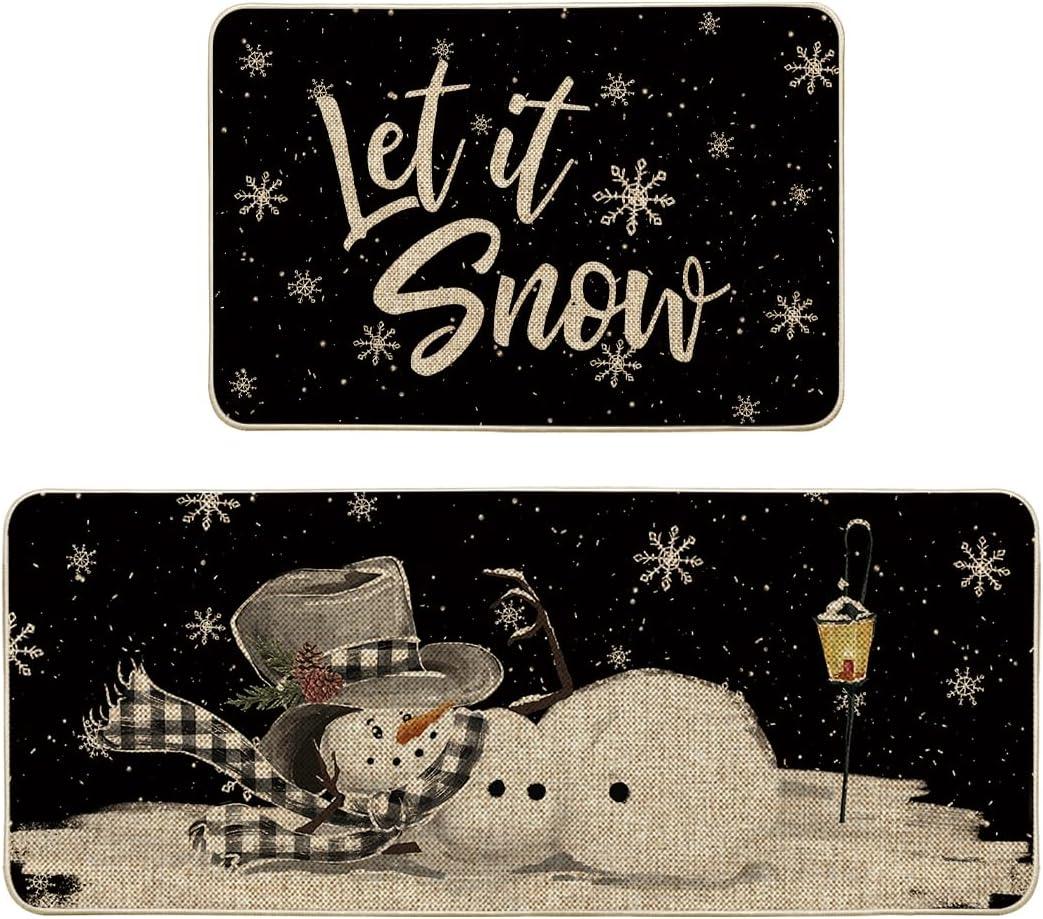 Artoid Mode Let It Snow Snowflake Snowman Light Christmas Decorative Kitchen Mats Set of 2, Home Party Low-Profile Kitchen Rugs - 24x35 and 24x59 Inch (Black)