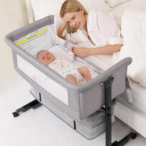 Baby Bassinet, 3 in 1 Bassinets Bedside Sleeper, Adjustable Height Bedside Sleeper with Rocking Mode, Breathable Mesh, Storage Basket, Wheels, Easy Assemble & Folding (Gray) (Grey)