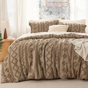 Bedsure Tufted Boho Comforter Set Queen Size - Brown Boho Bed Set, GentleSoft™ 3 Pieces Farmhouse Shabby Chic Embroidery Bedding, Gifts for Woman, Soft Jacquard Queen Comforter for All Seasons