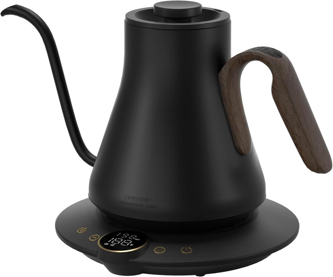INTASTING Gooseneck Electric Kettle with 1 Temperature Control for Pour Over Coffee & Tea, Quick Heating, BPA-Free Stainless Steel, Built-in Brew Timer, 1500W/0.9L (Black Walnut)
