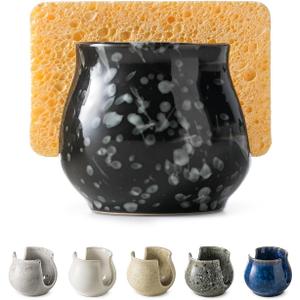Kitchen Sponge Holder, Ceramic Dish Sponge Holder Kithen Sink Organizer Farmhouse Brush Holder Dish Rack for Bathroom, Kitchen, Sink, Black (Barrel-type)