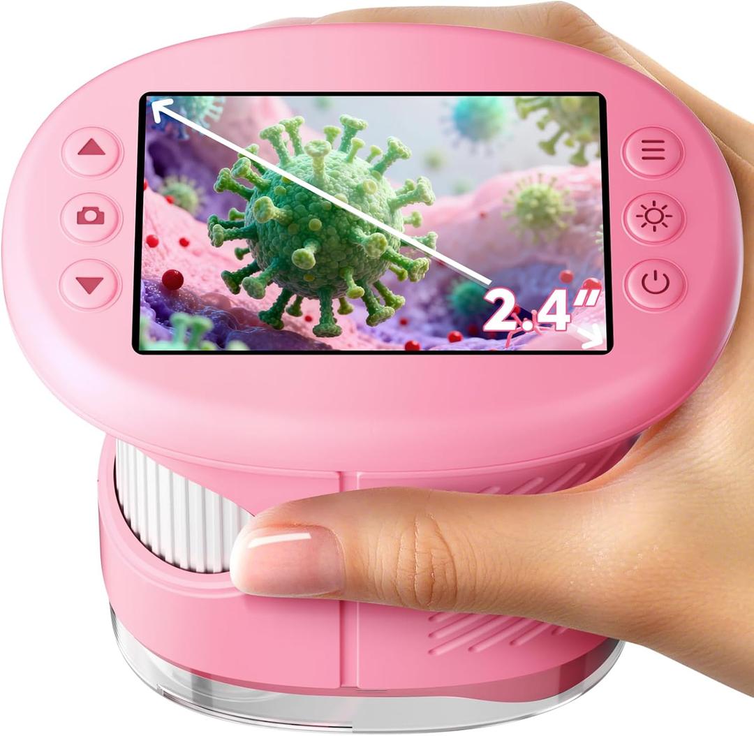 Odatay 4K 1000X Digital Microscope for Kids with Long Distance Viewing & 2.4" Screen, Portable Handheld Edu Toys for Kids Exploring Bugs Plants at Home Classroom & Outdoor Travel, Bright Pink