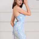 Women's Spaghetti Straps Sparkly Sequins Bodycon Mini Dress Party Nightclub (Blue, L)