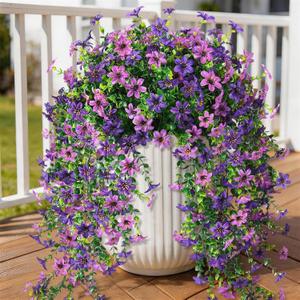 INQCMY Artificial Fake Hanging Flowers Plants for Outdoor Summer Decoration, 2 PCS Faux Silk Daisy with Eucalyptus Leaves, UV Resistant Look Real for Outside Home Planter Porch Patio Balcony Yard Decor (Double Purple)