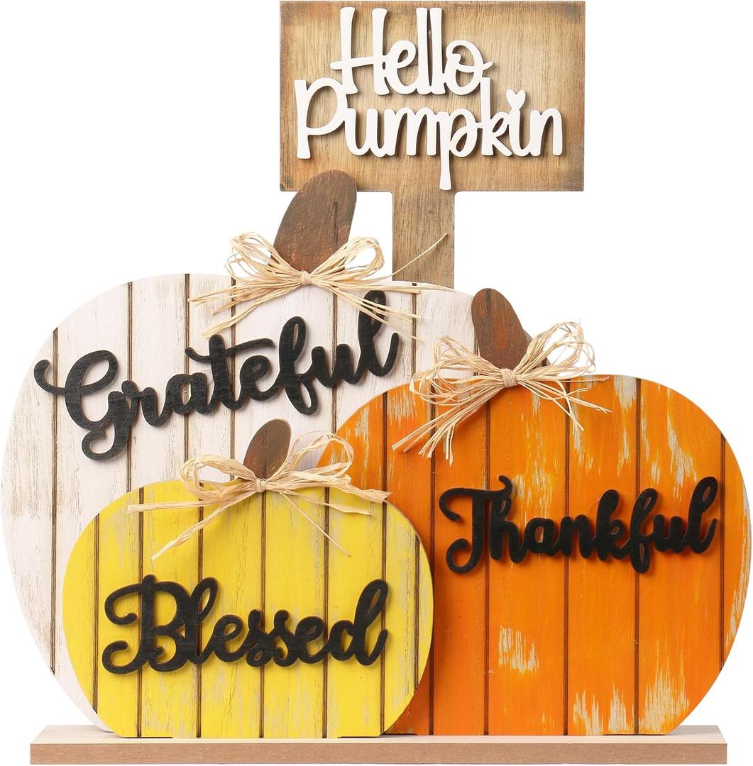 SY Super Bang Fall Decorations for Home, Rustic Wooden Blessed Grateful Thankful Hello Pumpkin Tabletop Sign Thanksgiving Decoration, for Autumn Harvest Farmhouse Party Decor