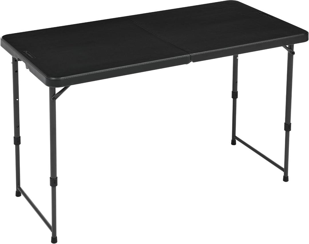 Amazon Basics Portable 4 Ft Rectangular Folding Dining Table, 4 Adjustable Height Settings, Space Saving Fold-in-Half Design and Carrying Handle, Indoor & Outdoor, Washed Black, 47.8 x 23.9 x 33.9 in
