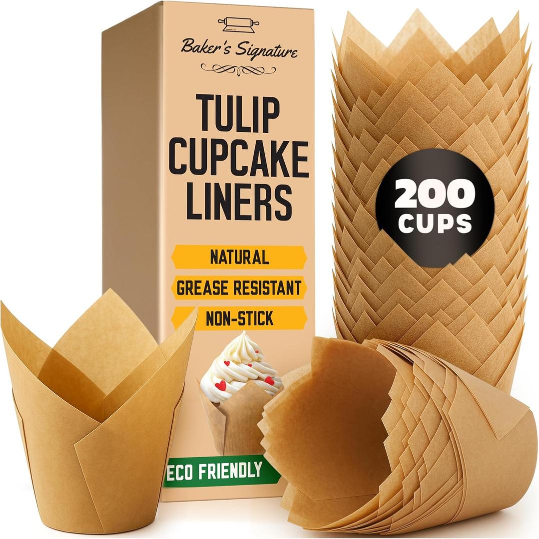 Tulip Cupcake Liners, Muffin Liners for Baking by Bakers Signature  200pcs of Parchment Paper Cups Cupcake Wrappers  Perfect Size, Sturdy, Greaseproof & Easy to Use  Wedding Decor  Natural Brown