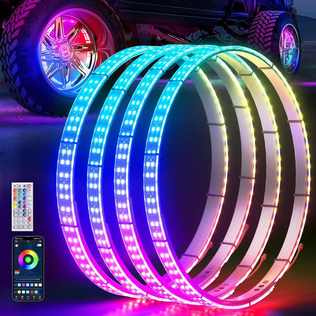 Ehaho 14''-18'' Double Row Adjustable Wheel Lights, Brighter RGB Chasing Rim Lights with App, Music Wheel Ring Light with Turn & Braking Signal Compatible with Various Trucks SUV Car, 4PCS