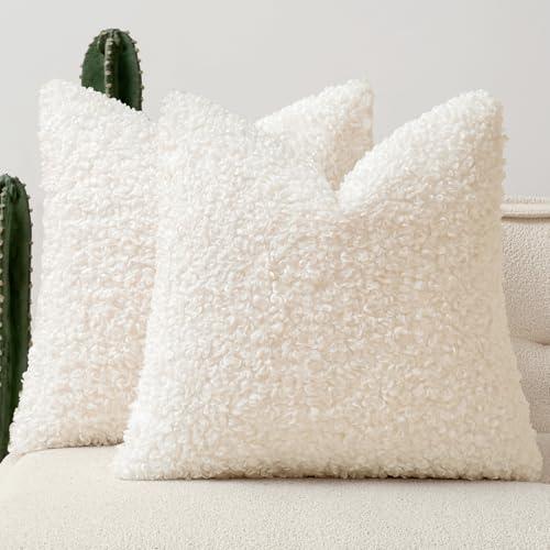 Woaboy Faux Fur Throw Pillow Covers 20x20 Inch Set of 2 Boucle Neutral Decorative Sherpa Fuzzy Accent Soft Sheepskin Fleece Cushions Modern Home Decor for Couch Sofa Bedroom Livingroom,White