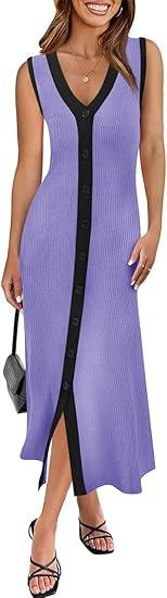 Saodimallsu Womens Summer Button Down Sweater Dresses Sleeveless V Neck Casual Ribbed Knit Color Block Long Tank Dress Light Purple, XL