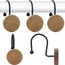 Shower Curtain Hooks, Wood Decorative Shower Curtain Rings, Modern Round Log Shower Curtain Hangers, 12PCS Metal Shower Hooks for Shower Curtain Rod, Bathroom, Bedroom, Living Room (Black)