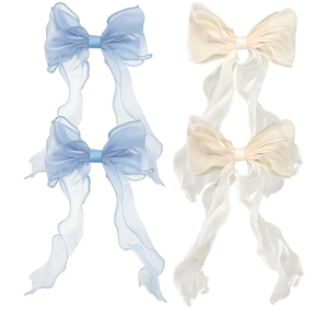 8 PACK Light Blue and Champagne Big Ribbon Hair Bows,Large Hair Accessories,Oversized Long-tail Hair Clips for Women and Girls Hair Styling Accessories.
