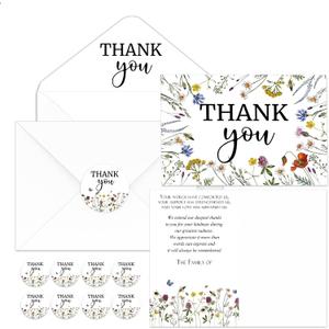 Fumete 50 Set Funeral Thank You Cards with Envelopes and Stickers Thank You Sympathy Cards with Meaningful Message Bereavement for Funeral Family Loved Ones Celebration of Life(Wildflowers)