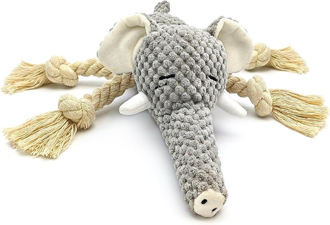 FURETTICO Squeaky Dog Teething Interactive Chew Toy Plush Stuffed Animal Toys for Tug-of-War Game with Squeaker for Small Medium Breed Indestructible Pet Supplies Ideal Puppy Gifts - Elephant, Medium
