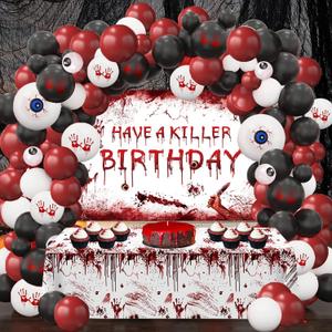MEHOFOND Halloween Balloon Garland with Bloody Tablecloth Have a Killer Birthday Banner Black Red and Bloody Hand Print White Balloons for Halloween Scary Birthday Party Decorations Supplies