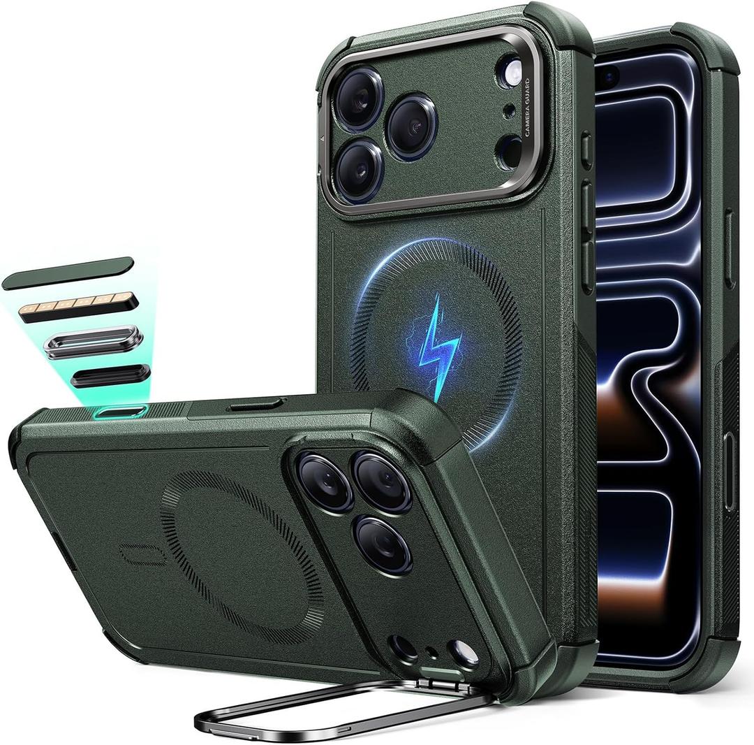 ESR for iPhone 17 Pro Phone Case with Stand, 23ft Military-Grade Drop Protection with Camera Control, Shock-Absorbing Rugged Cover, Compatible with MagSafe Accessories, Cyber Series, Green