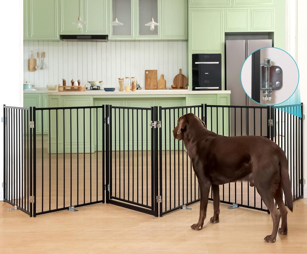 No Pawblems Freestanding Dog Gate with Door for Indoor & Outdoor, 30'' Tall | Foldable Metal Pet Gate for Stairs/Doorways, 156’’ Extra Wide Dog Fence for Deck, Freestanding or Wall Mount, Black, 【6 Panels with Door】156"W×30"H 