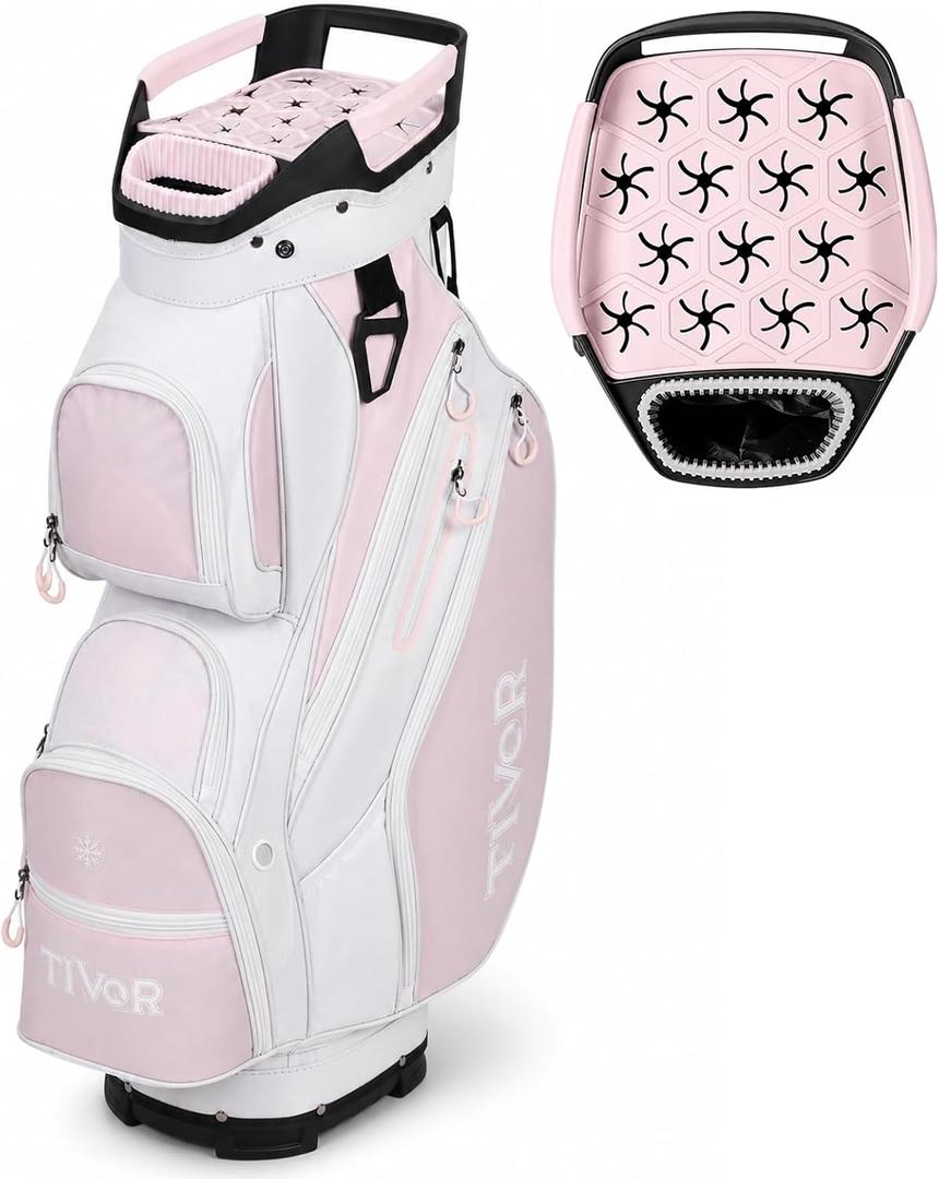 Tivor 15 Way Golf Cart Bag Silent T-Lock,Dividers, Full-Length,Oversized putter well,12-pocket storage,insulated cooler,water-resistant fabric,rugged styling and stable base, Pink