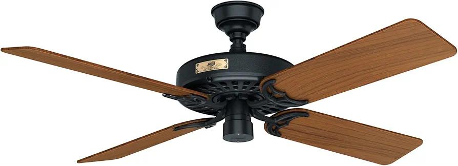 Hunter Fan Company, 23863, 52 inch Hunter Fan Company Original Matte Black Indoor / Outdoor Ceiling Fan and Pull Chain, Brass-antique