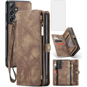 Asuwish Phone Case for Samsung Galaxy S24 5G Zipper Wallet Magnetic Detachable Cover with Tempered Glass Screen Protector and PU Leather Flip Card Holder Cell Accessories S 24 24S G5 Women Men Brown