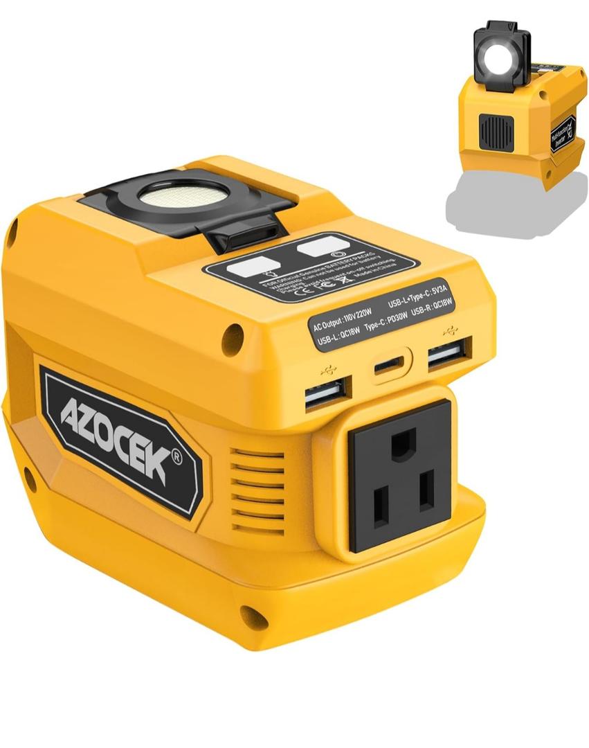 220W Power Inverter Compatible with Dewalt 20V Battery(Battery not Included), DC 20V to AC 110V, 2 USB Ports & 1 Type-C Fast Charging, 400LM LED Work Light