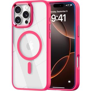 Magnetic for iPhone 16 Pro Max Case, [Compatible with MagSafe] [Military-Grade Protection] Clear Hard Back&Soft TPU Frame Shockproof Protective case for iPhone 16 Pro Max-6.9'' Hot Pink