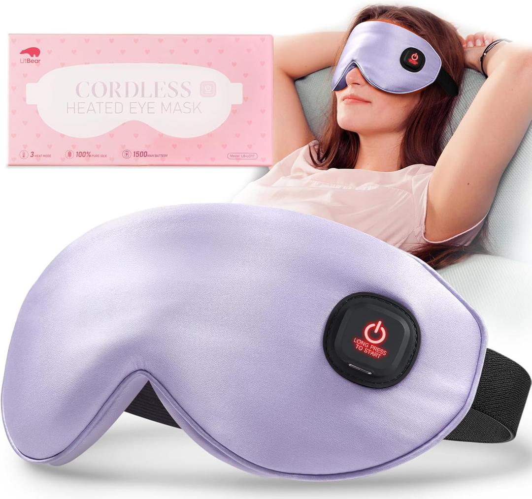 LitBear Heated Eye Mask, Silk Cordless Warm Eye Compress for Dry Eyes, Light Blocking Heat Eye Mask for Women Men, Soft Eye Heating Pad for Dry Eyes, Travel, Rechargeable, Washable Cover (Purple)