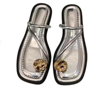 Women'S Leather Strappy Flat Metal Toe Ring Sandals Fashionable Square Open Toe Low Block Heel Slip-On Clip Toe Slide Sandals Casual Summer Beach Slipper