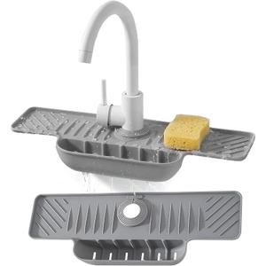 18 Inch Silicone Faucet Mat for Kitchen Sink Splash Guard, Adjustable Faucet Protector with Sponge Holder, Gray Drip Catcher Mat, Faucet Draining Mat