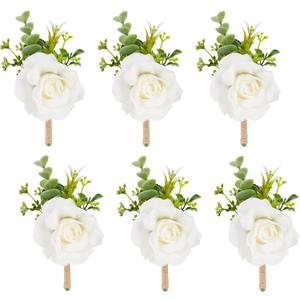 Ivory Rose Boutonniere for Men,Set of 6,Groom and Best Man Boutonnieres with Artificial Flower,for Wedding Ceremony Anniversary, Formal Dinner Party, Fall Vintage Rustic Marriage Prom