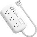 Short Extension Cord 1 ft - Flat Plug Small Power Strip Surge Protetor with 6 Outlets 3 USB (5V/3.4A 17W) Charging Ports, Multi Plug Wall Outlet Splitter for Home Office Dorm Roomc, White