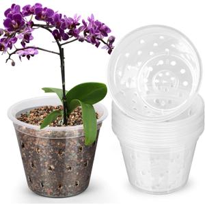 FUIJOL Small Orchid Pots with Holes for Repotting 8 Pack, 4 Inch Clear Pots for Orchids with Drainage Indoor Outdoor, Plastic Flower Plant Pot Indoor Outdoor, Slotted Orchids Planter (4 Inch)
