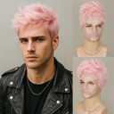 Short Pink Wig for Men Handsome Male Wig Daily Costume Synthetic Full Wigs Natural Pink Hair Replacement Wig