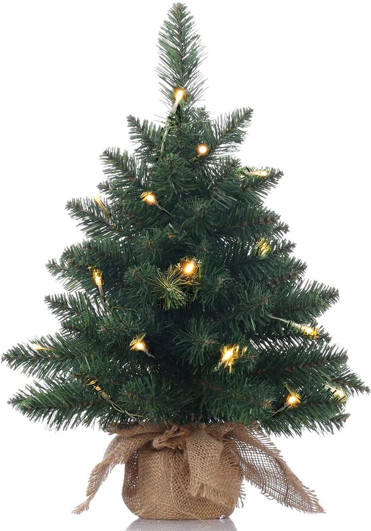 Pre-Lit Artificial Mini Christmas Tree,20 inch Small Pine Xmas Tree with 40 LED Lights,70 Branch Tips,Battery Operated Tabletop Christmas Tree Burlap Base-(50cm)