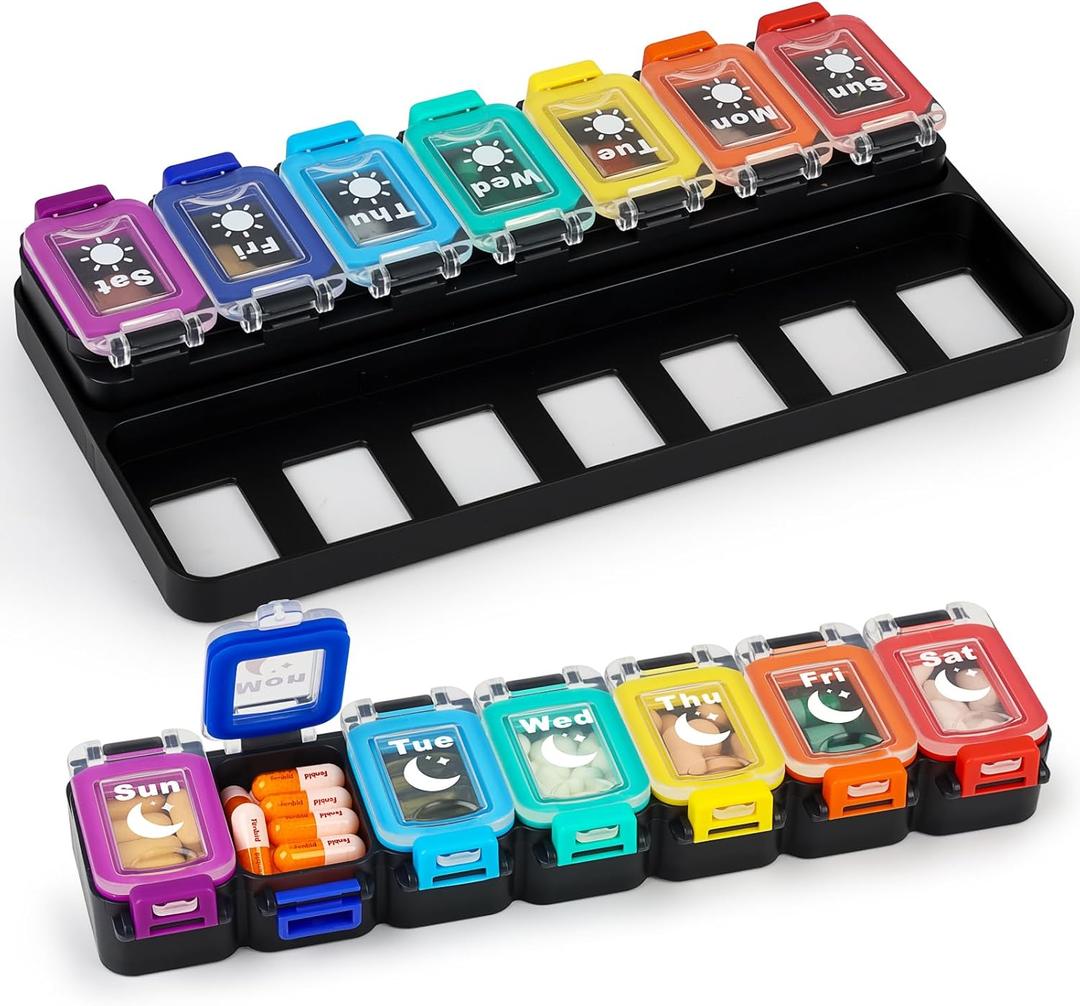 Shintop Weekly Pill Organizer 2 Times a Day, Moisture-Proof Large Vitamin Box 7 Day Secure-Locking Medicine Case with Detachable Rows for Home & Travel (Rainbow)