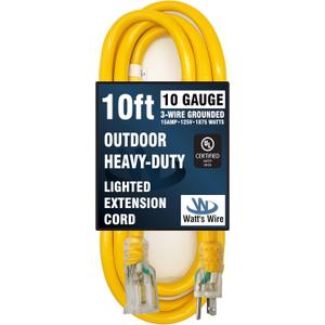 10 ft - 10 Gauge Heavy Duty Extension Cord - Lighted SJTW - Indoor/Outdoor Extension_Cord by Watt's Wire - 10' 10-Gauge Grounded 15 Amp ExtensionCord Splitter (Yellow)
