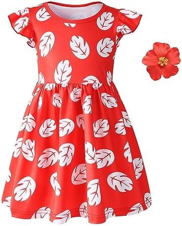 Carkno Little Girls Costume Dress with 4inch Hawaiian Red Flower Hair Clip Toddler Red Leaf Dress Halloween Cosplay Outfit