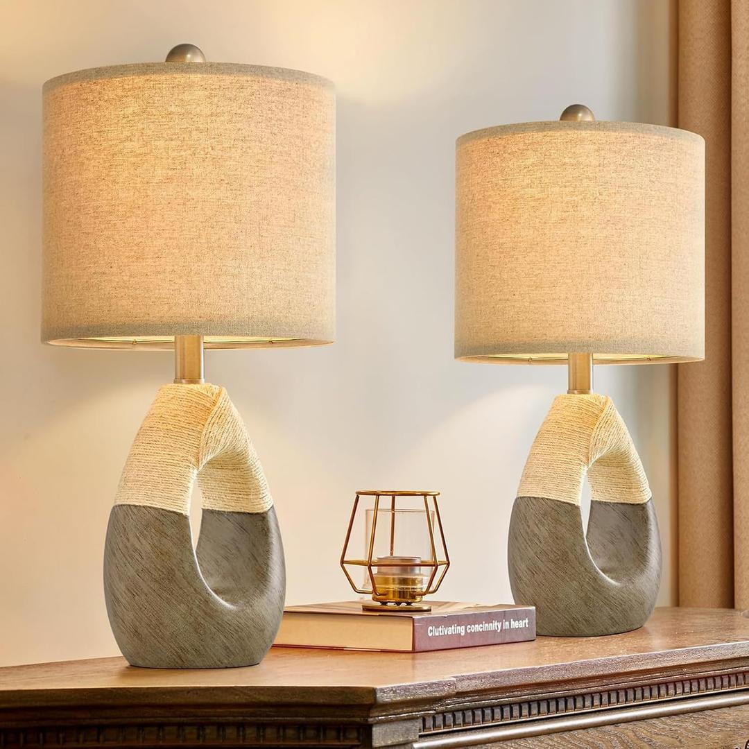OYEARS 19 Boho Table Lamps Bedroom Living Room Set 2, Suitable for Small Space, Small Farmhouse Rattan Table Lamp Rustic Egg Design Resin Light Decoration, Nightstand Bedside Lamps for Office Study Rest