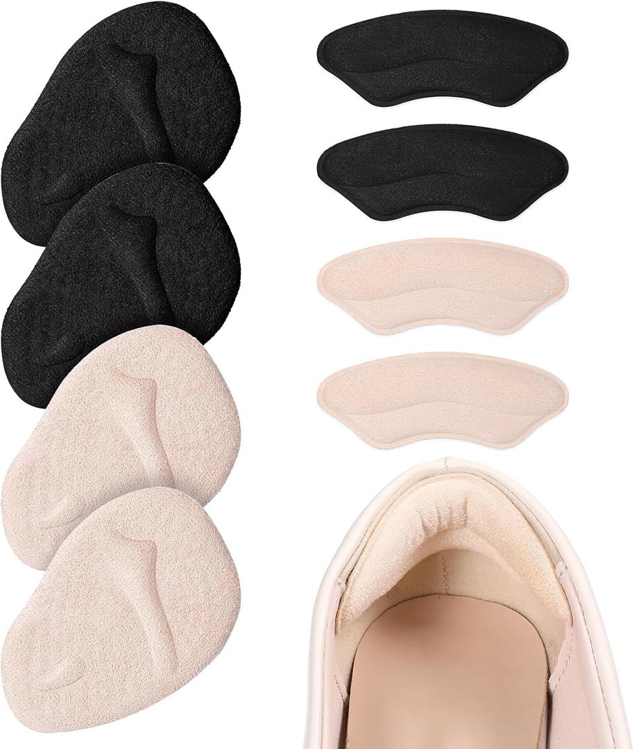 4 Pairs Heel Grips for Women's Shoes, No Slip Metatarsal Pads Inserts Pads, Shoe Inserts Heels Cushions, Heel Grips for Loose Shoes Blisters, Too Big Shoe (Beige Black)