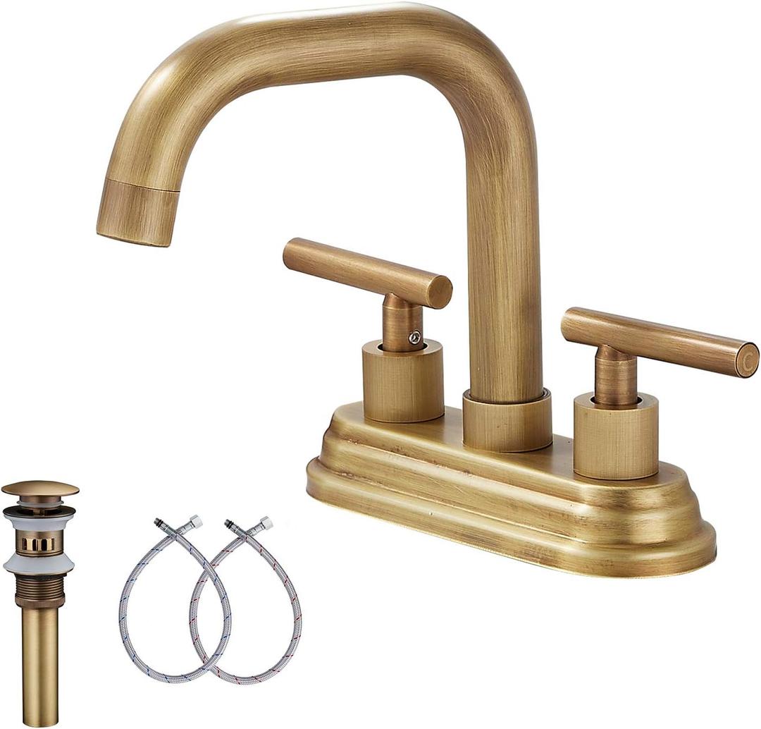 GGStudy Bathroom Vanity Faucet 2-Handles 4 Inches Centerset High Arc Spout Antique Brass with Drain Assembly and Supply Hose Lavatory Faucet Mixer Deck Mounted
