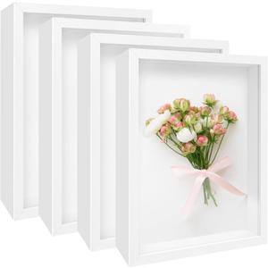 4 Pack 8"x 10" Shadow Boxes Frame Display Cases Wood Deep Shadowbox for Photos, Dried Flowers, Handicrafts Picture Frames for Wall Tabletop (White, 8x10)