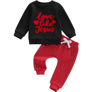 Douhoow Baby Boy Valentines Day Outfit Letter Print Sweatshirt Long Joggers Pants Boys Girls Festival Clothes (Black)